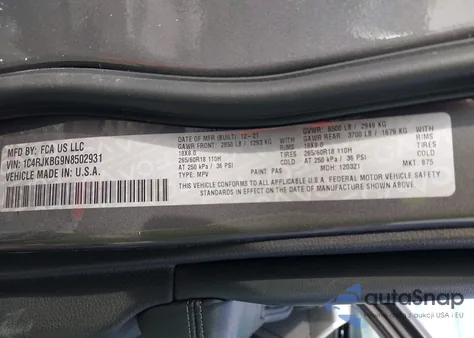 2022 Jeep Grand Cherokee L Limited 4X4 z USA, uszkodzony, nr VIN 1C4RJKBG9N8502931